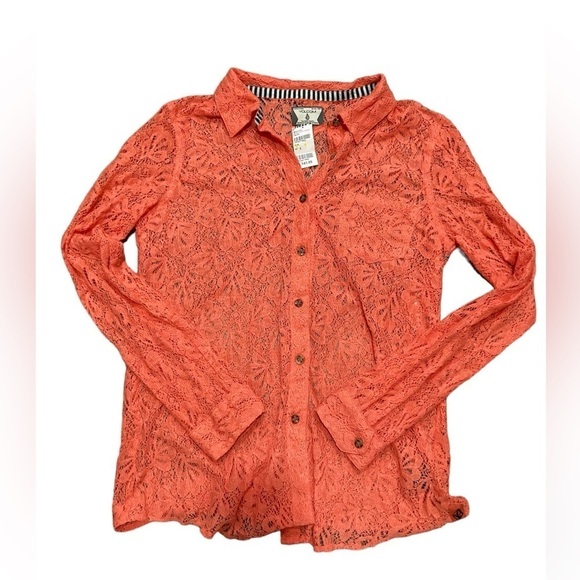 Volcom Orange Coral Peach floral Lace crochet knit Button down top small NWT - Picture 5 of 13